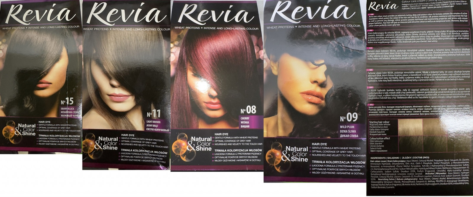 Revia N°15 EBONY BLACK, Revia N°11 LIGHT BROWN, Revia N°08 CHERRY, Revia N°09 WILD PLUM, Natural & Color Shine, Colour care cream / Lasting colour: Fotografie