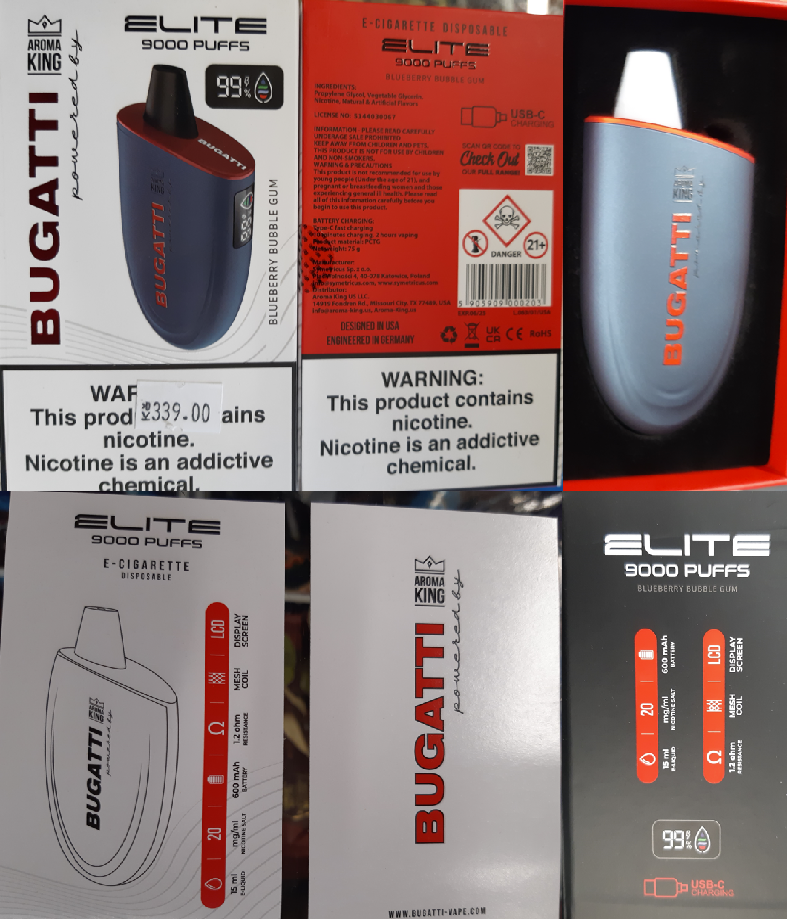 Jednorázová elektronická cigareta značky AROMA KING BUGATTI powered by ELITE 9000 PUFFS, E-CIGARETTE DISPOSABLE, 15 ml e-liquid – ve 2 příchutích: Fotografie č. 1