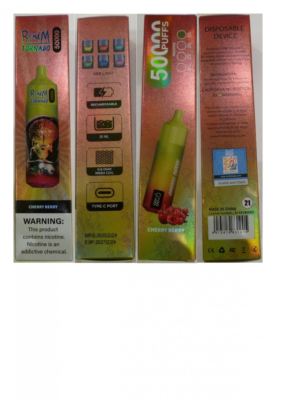 Jednorázová elektronická cigareta zn. RENdM TORNADO 50000 PUFFS, NICOTINE 5 %, 30 ml : Fotografie č. 1