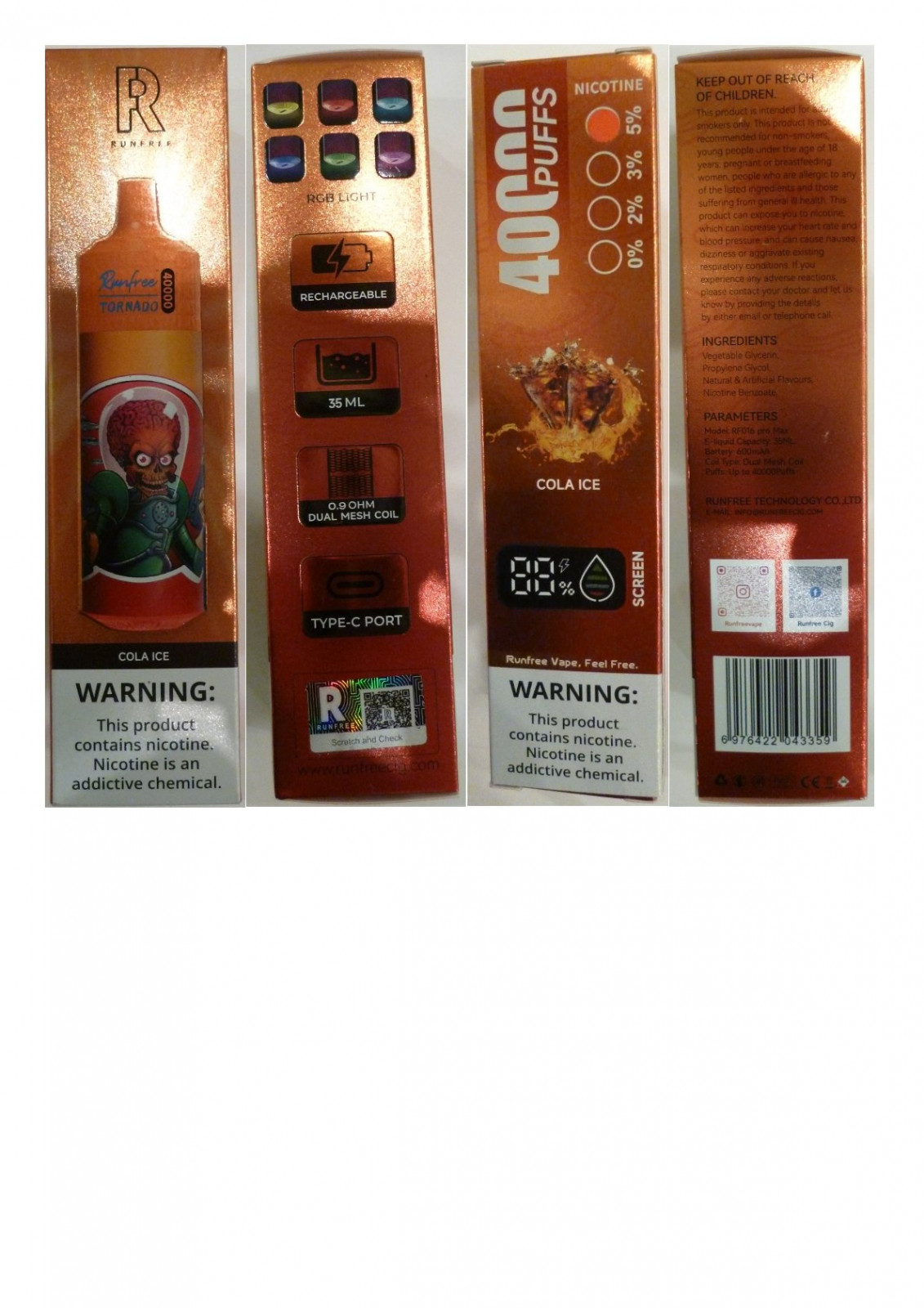 Jednorázová elektronická cigareta zn. RUNFREE TORNADO 40000 PUFFS, NICOTINE 5 %, 35 ml : Fotografie č. 1