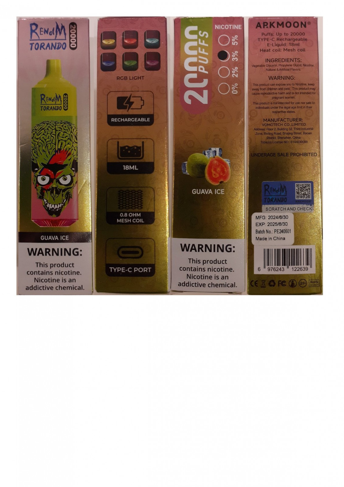 Jednorázová elektronická cigareta zn. RENdM TORNADO 20000 PUFFS, NICOTINE 3 %, 18 ml, Guava Ice: Fotografie