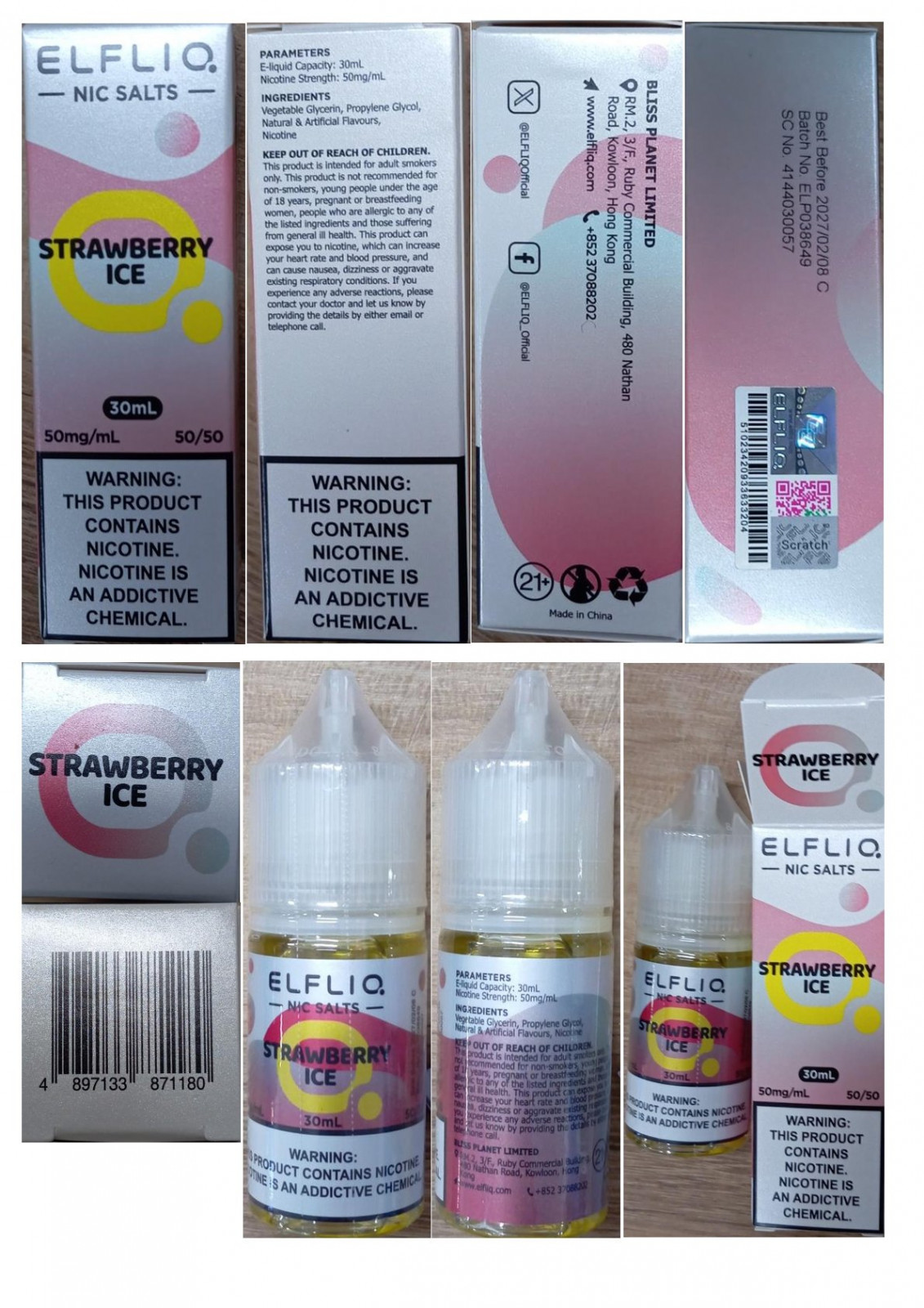 Náhradní náplň elektronické cigarety zn. ELFLIQ NIC SALTS, 50 mg/ml, 30 ml, STRAWBERRY ICE: Fotografie