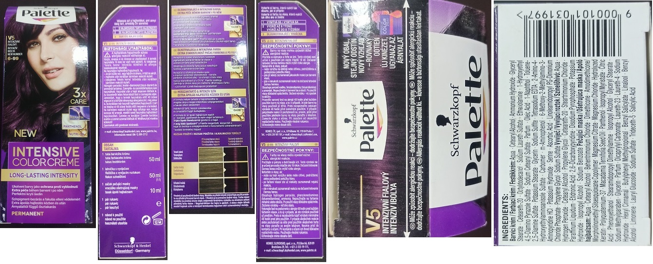 Barva na vlasy Schwarzkopf, Palette, INTENSIVE COLOR CREME, LONG-LASTING INTENSITY, V5 INTENZIVNÍ FIALOVÝ 6-99, 3x CARE: Fotografie