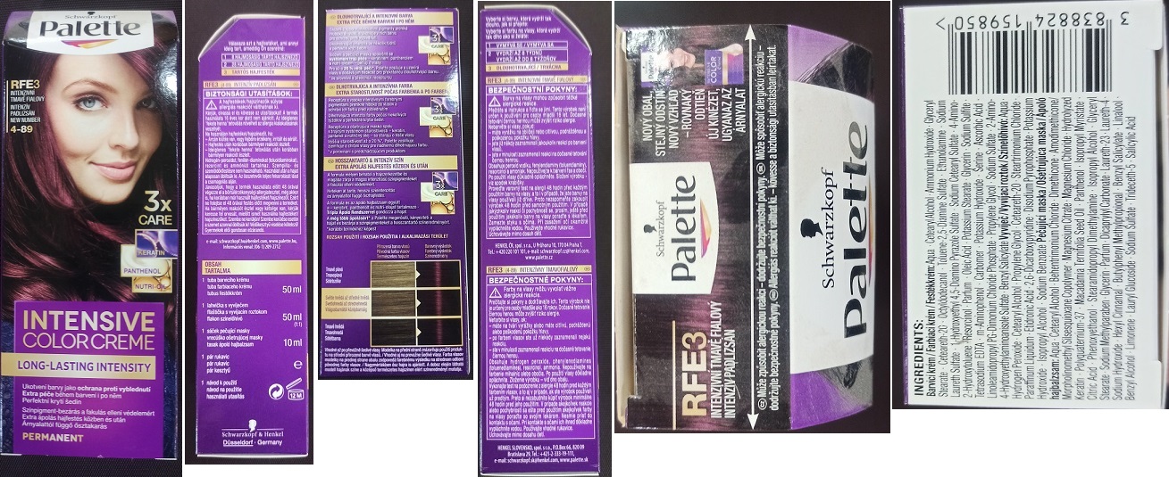 Barva na vlasy Schwarzkopf, Palette, INTENSIVE COLOR CREME, LONG-LASTING INTENSITY, RFE3 INTENZIVNÍ TMAVĚ FIALOVÝ 4-89, 3x CARE: Fotografie