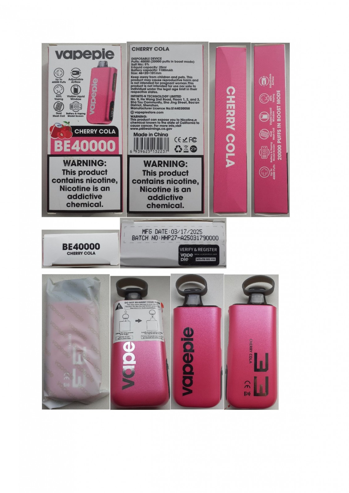 Jednorázová elektronická cigareta zn. Vapepie BE 40000 PUFFS, Salt Nic 5 %, 25 ml, příchuť Cherry Cola: Fotografie