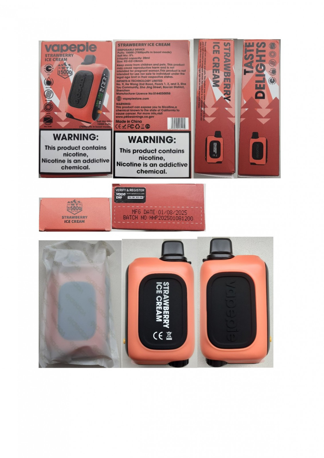 Jednorázová elektronická cigareta zn. Vapepie WT 15000 PUFFS, Salt Nic 5 %, 20 ml, příchuť Strawberry Ice Cream: Fotografie
