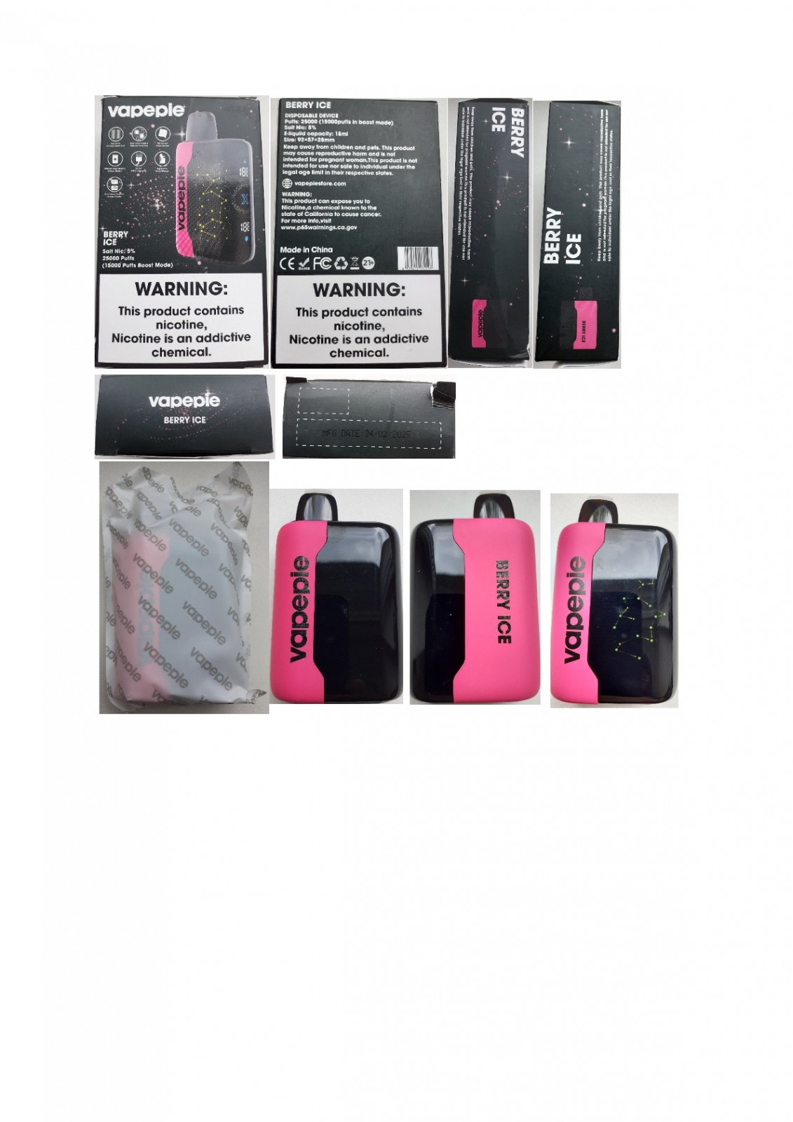 Jednorázová elektronická cigareta zn. Vapepie 25000 PUFFS, Salt Nic 5 %, 18 ml, příchuť Berry Ice: Fotografie