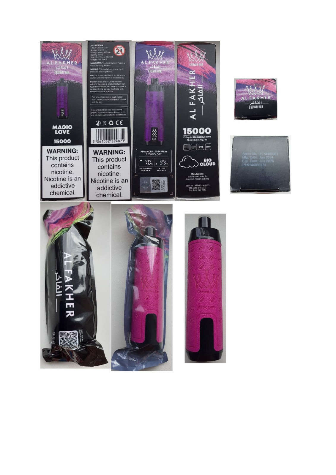 Jednorázová elektronická cigareta zn. AL FAKHER CROWN BAR 15000, Nicotine 5 mg/ml, 22 ml, příchuť Magic Love: Fotografie