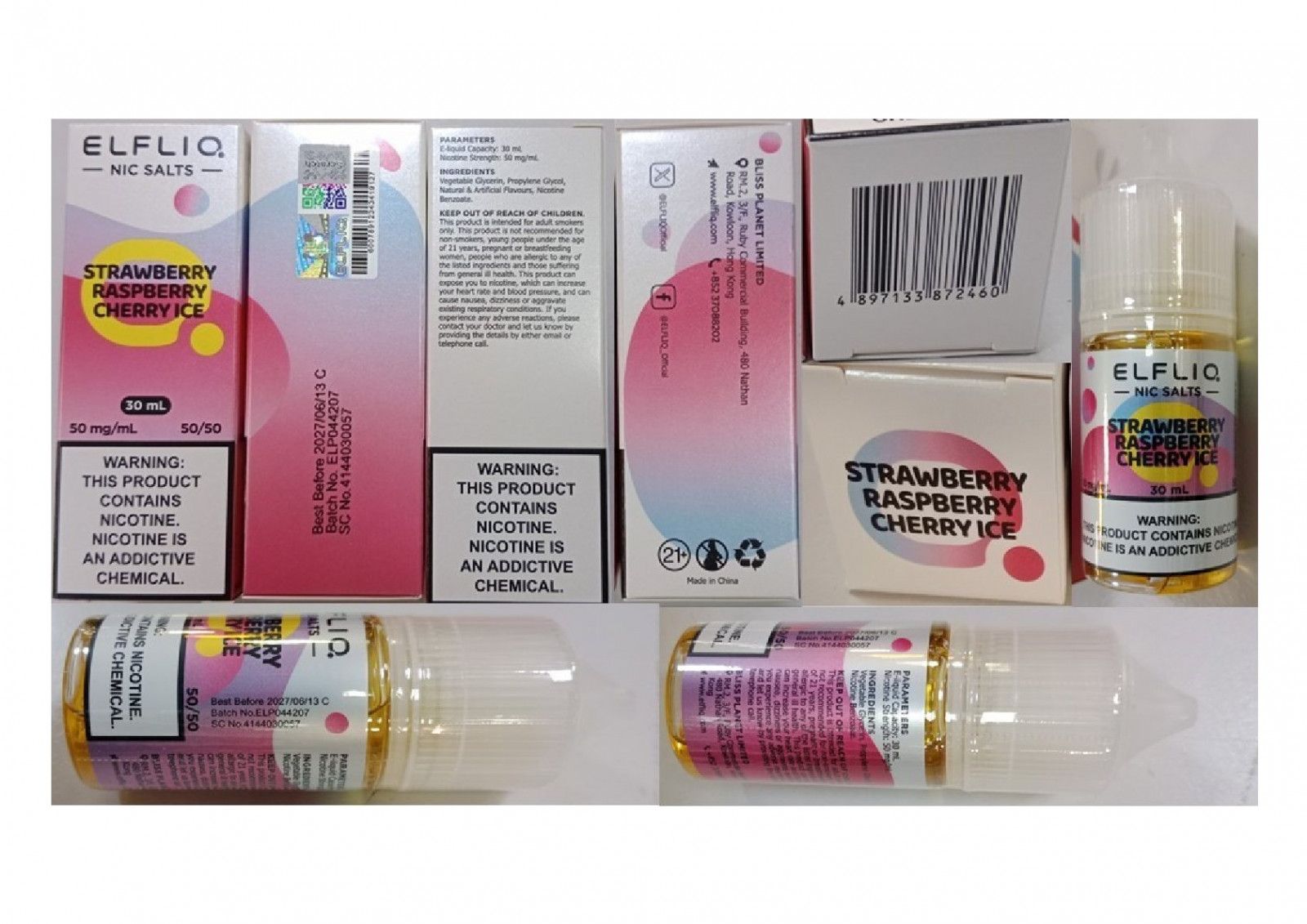 Náhradní náplň do elektronických cigaret zn. ELFLIQ NIC SALTS, 50 mg/mL, 30 mL : Fotografie č. 2
