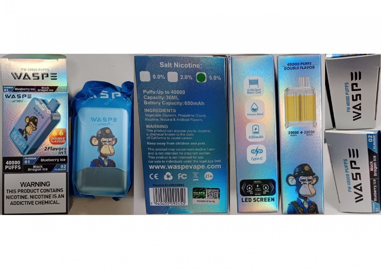 Jednorázová elektronická cigareta zn. WASPE AIVIOU®, DOUBLE FLAVOUR, 2 Flavors in 1, 40000 PUFFS, Salt Nicotine: 5.0%, Capacity: 36M: Fotografie č. 2