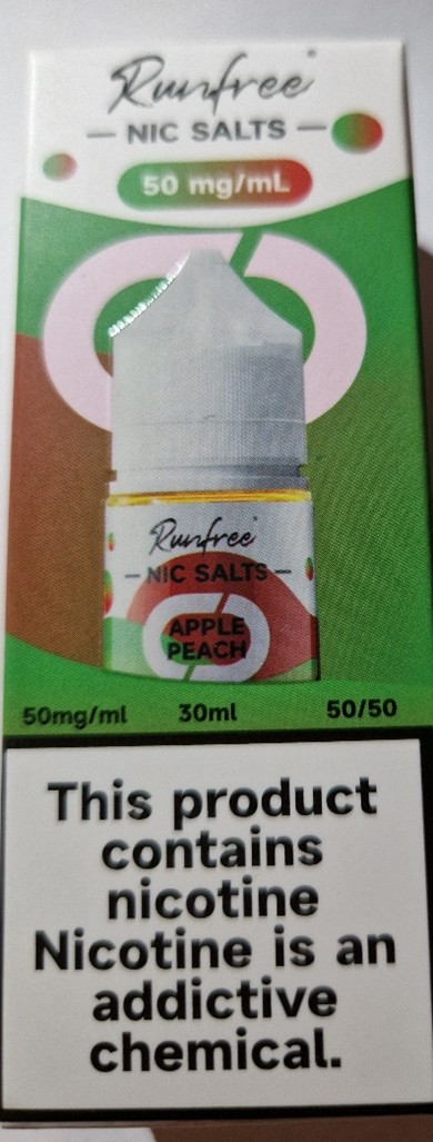 Náhradní náplň do elektronických cigaret zn. Runfree, NIC SALTS, koncentrace nikotinové soli: 50 mg/ml, objem náplně: 30 ml: Fotografie č. 1