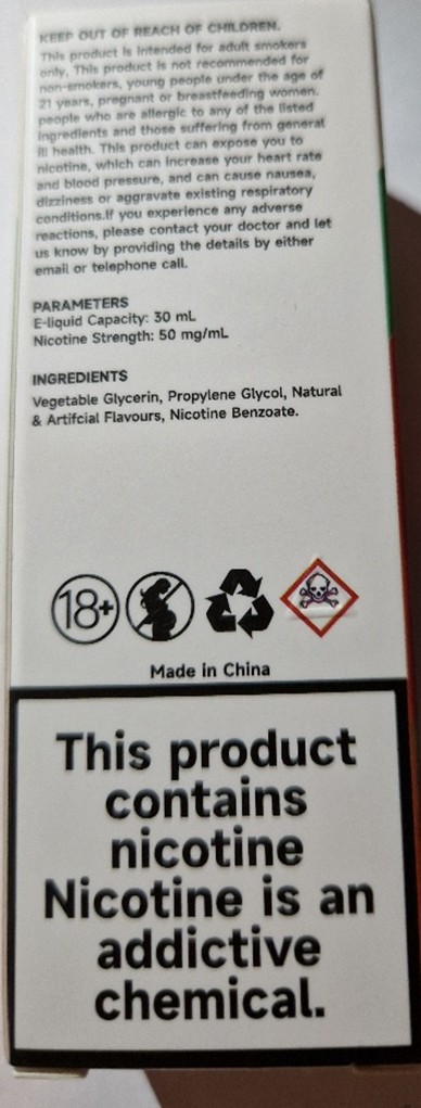 Náhradní náplň do elektronických cigaret zn. Runfree, NIC SALTS, koncentrace nikotinové soli: 50 mg/ml, objem náplně: 30 ml: Fotografie č. 2