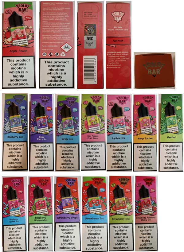 Náhradní náplň do elektronických cigaret zn. SOLO BAR, NIC SALTS, koncentrace nikotinové soli: 50 mg/ml, objem náplně: 35 ml: Fotografie