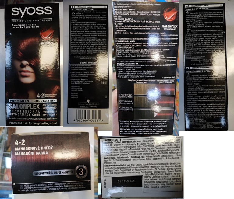Barva na vlasy SyOSS, PROFESSIONAL PERFORMANCE, PERMANENT COLORATION, SALONPLEX, 4-2 MAHAGONOVĚ HNĚDÝ: Fotografie