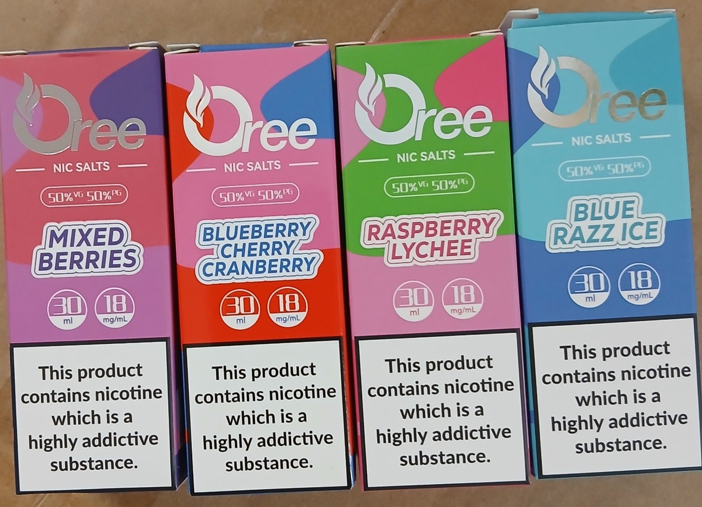 Náhradní náplň do elektronické cigarety zn. Oree NIC SALTS, 50% VG 50% PG, 30 ml, 18mg/ml – 4 příchutě: Fotografie č. 2