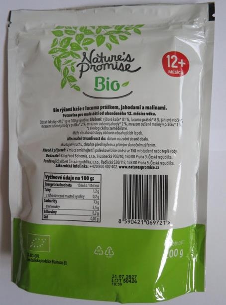 Varování před konzumací potraviny: Bio Rýžová kaše s jahodami a malinami Nature's Promise: Fotografie č. 2