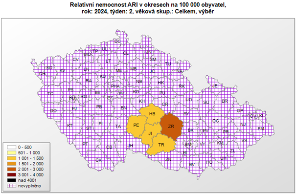 mapa - relativní nemocnost dle okresů za 2. týden 2024