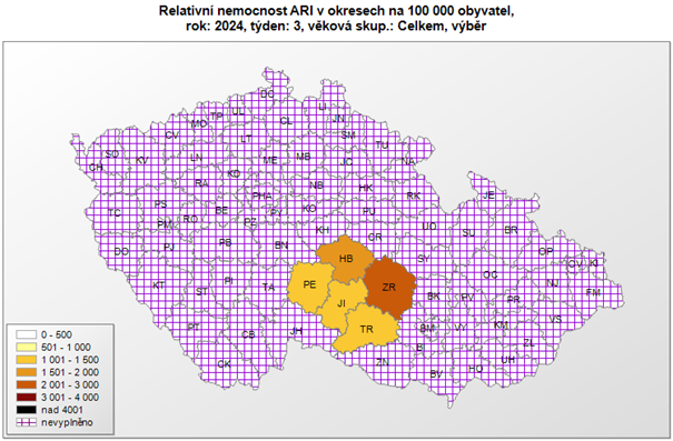 mapa relativní nemocnost akutních respiračních onemocnění okresy za 3. týden