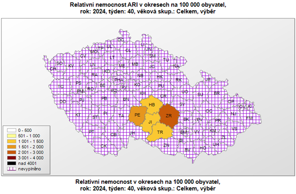 mapa relativní nemocnost ARI okresy 40. týden 2024