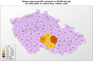 mapa relativní nemocnost ARI okresy 41. týden