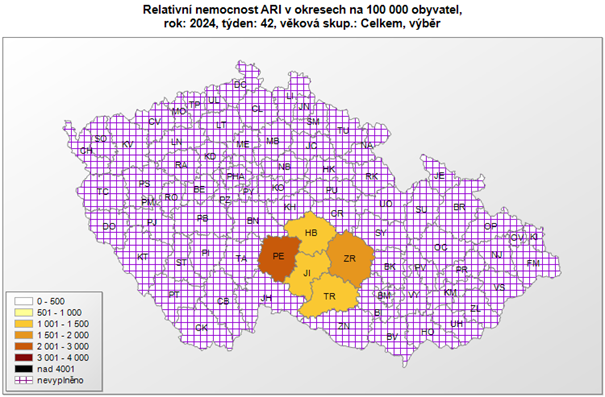 Mapa - relativní nemocnost ARI okresy 42. týden 2024