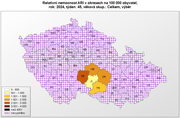 mapa počtu případů ARI okresy 45. týden