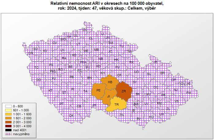 mapa relativní nemocnost ARI okresy 47. týden