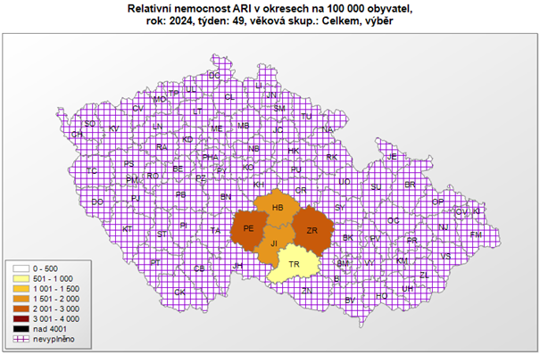 mapa relativní nemocnost ARI okresy 49. týden