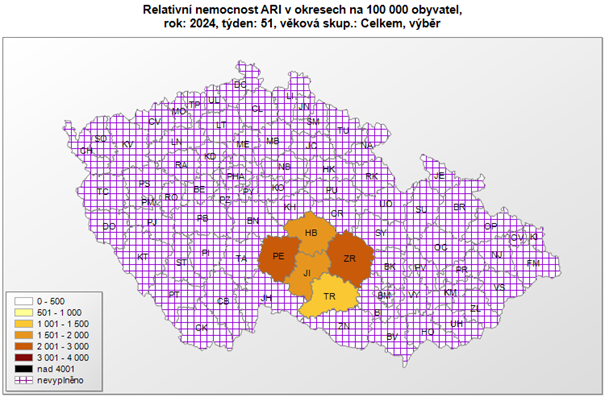 mapa relativní nemocnost ARI okresy 51. týden