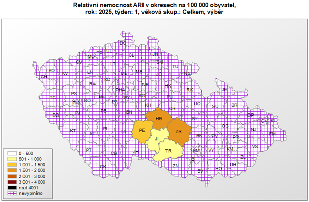 Mapa relativní nemocnost ARI 1. týden 2025