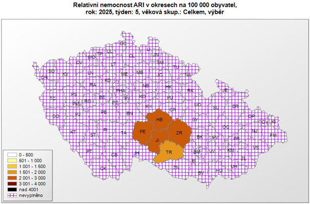 Mapa relativní nemocnost ARI okresy 5. týden 2025