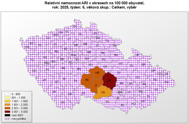 mapa relativní nemocnost ARI okresy 6. týden 2025