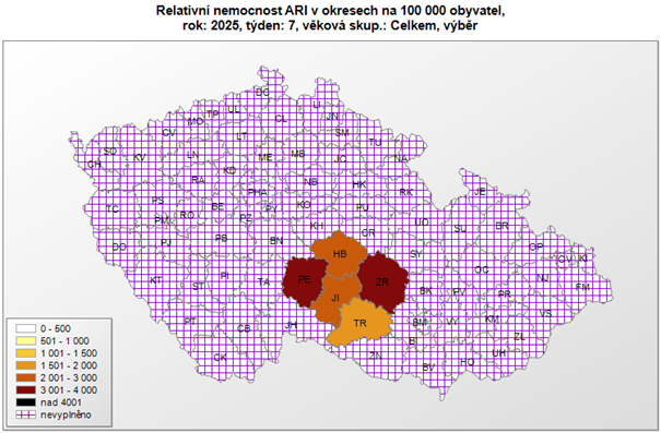 mapa relativní nemocnost ARI okresy 7. týden 2025